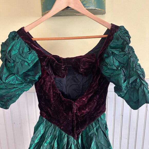 Vintage Emerald Green & Burgundy Velvet Puff Sleeve Dress Bow Detail Crinkle - Picture 5 of 10